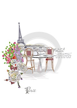 Design with the Eiffel tower, a cup of coffee and a cafÃÂ© entrance. Lantern decorated with flowers.